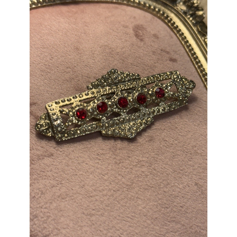 Gold Tone Art Deco Style Red & Clear Rhinestone Faux Marcasite‎ Pin Brooch